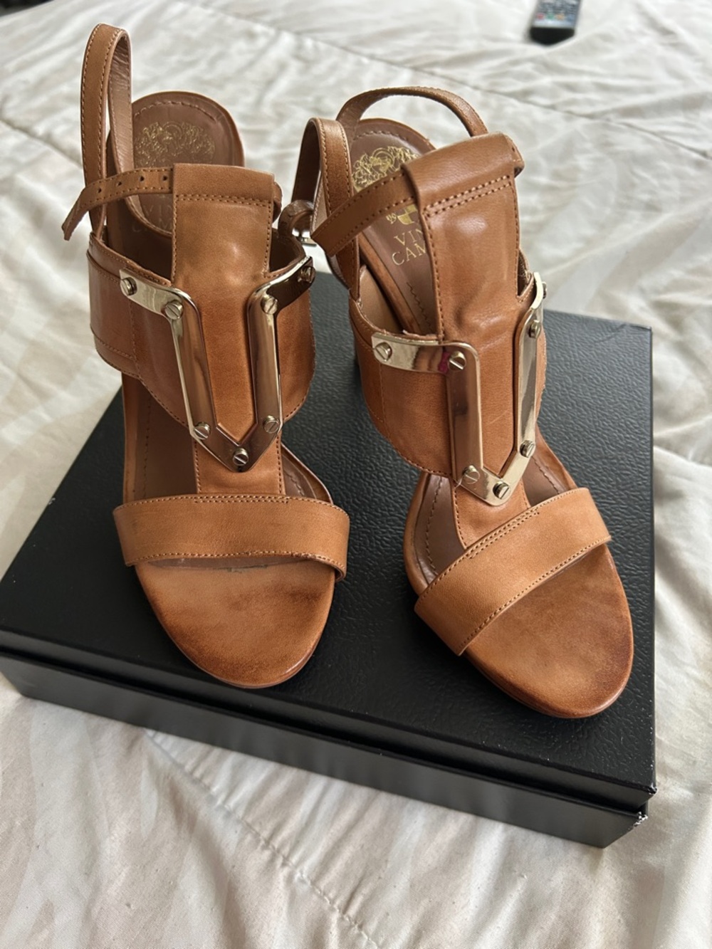 Women’s Tan Leather High Heel Slingback Sandals with Gold Accent
